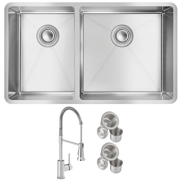 Elkay 18 Gauge SS 31-1/2" x 18-1/2" x 9" 40/60 Double Bowl Undermount Sink and Faucet Kit w/ Drain ECTRU32179LTFCC - main